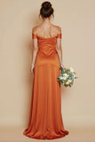 Orange Off the Shoulder Mermaid Satin Long Bridesmaid Dress with Slit