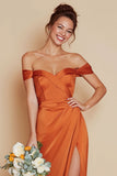 Orange Off the Shoulder Mermaid Satin Long Bridesmaid Dress with Slit
