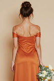 Orange Off the Shoulder Mermaid Satin Long Bridesmaid Dress with Slit