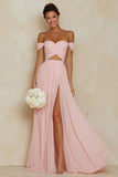 Blush Pink A Line Off the Shoulder Cut Out Chiffon Bridesmaid Dress with Slit