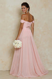 Blush Pink A Line Off the Shoulder Cut Out Chiffon Bridesmaid Dress with Slit