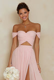 Blush Pink A Line Off the Shoulder Cut Out Chiffon Bridesmaid Dress with Slit