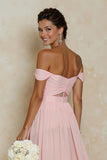 Blush Pink A Line Off the Shoulder Cut Out Chiffon Bridesmaid Dress with Slit