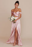 Off the Shoulder A Line Cut Out Satin Long Bridesmaid Dress with Slit