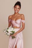 Off the Shoulder A Line Cut Out Satin Long Bridesmaid Dress with Slit