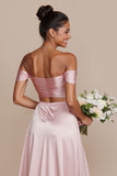 Off the Shoulder A Line Cut Out Satin Long Bridesmaid Dress with Slit