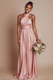 Halter A Line Blush Pink Ruched Long Bridesmaid Dress with Open Back