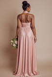 Halter A Line Blush Pink Ruched Long Bridesmaid Dress with Open Back
