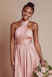 Halter A Line Blush Pink Ruched Long Bridesmaid Dress with Open Back