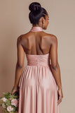 Halter A Line Blush Pink Ruched Long Bridesmaid Dress with Open Back