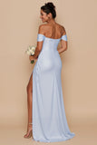 Sky Blue Off the Shoulder Mermaid Long Bridesmaid Dress with Slit
