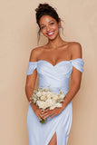 Sky Blue Off the Shoulder Mermaid Long Bridesmaid Dress with Slit