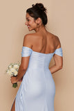Sky Blue Off the Shoulder Mermaid Long Bridesmaid Dress with Slit