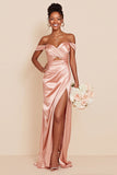 Blush Pink Mermaid Off the Shoulder Cut Out Satin Bridesmaid Dress with Slit