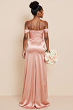 Blush Pink Mermaid Off the Shoulder Cut Out Satin Bridesmaid Dress with Slit