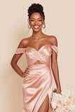Blush Pink Mermaid Off the Shoulder Cut Out Satin Bridesmaid Dress with Slit