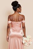 Blush Pink Mermaid Off the Shoulder Cut Out Satin Bridesmaid Dress with Slit