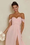 Off the Shoulder A Line Chiffon Blush Pink Bridesamid Dress with Slit