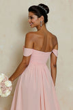 Off the Shoulder A Line Chiffon Blush Pink Bridesamid Dress with Slit