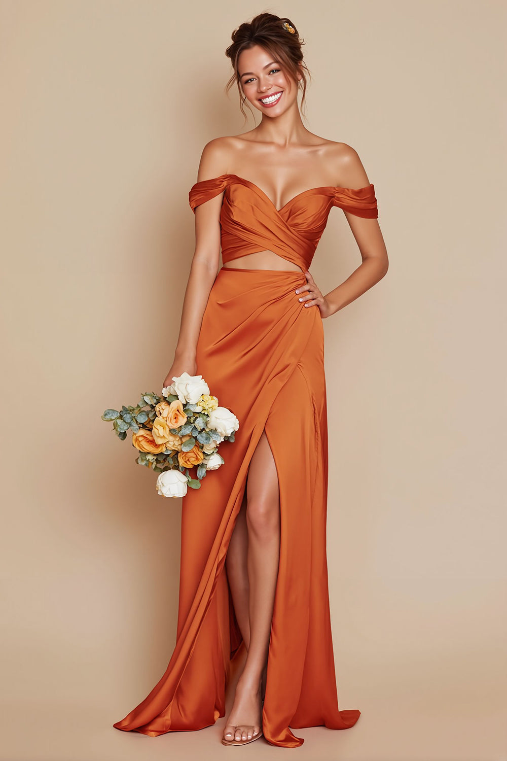 WEDTREND Women Orange Off the Shouler Bridesmaid Dress Satin Cut Out Long Wedding Guest Dress with Slit WEDTREND Women Orange Off the Shouler Bridesmaid Dress Satin Cut Out Long Wedding Guest Dress with Slit