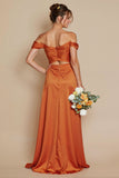 Off the Shoulder Mermaid Orange Cut Out Satin Bridesmaid Dress with Slit