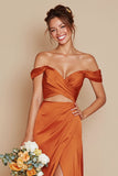 Off the Shoulder Mermaid Orange Cut Out Satin Bridesmaid Dress with Slit