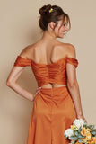 Off the Shoulder Mermaid Orange Cut Out Satin Bridesmaid Dress with Slit