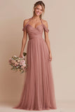 Dusty Rose Halter A Line Ruched Chiffon Long Bridesmaid Dress