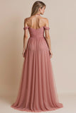 Dusty Rose Halter A Line Ruched Chiffon Long Bridesmaid Dress