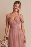 Dusty Rose Halter A Line Ruched Chiffon Long Bridesmaid Dress