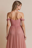 Dusty Rose Halter A Line Ruched Chiffon Long Bridesmaid Dress