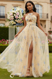Yellow Floral A Line Cut Out Long Prom Dress with Slit