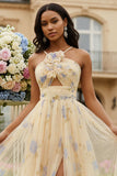 Yellow Floral A Line Cut Out Long Prom Dress with Slit