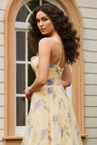 Yellow Floral A Line Cut Out Long Prom Dress with Slit