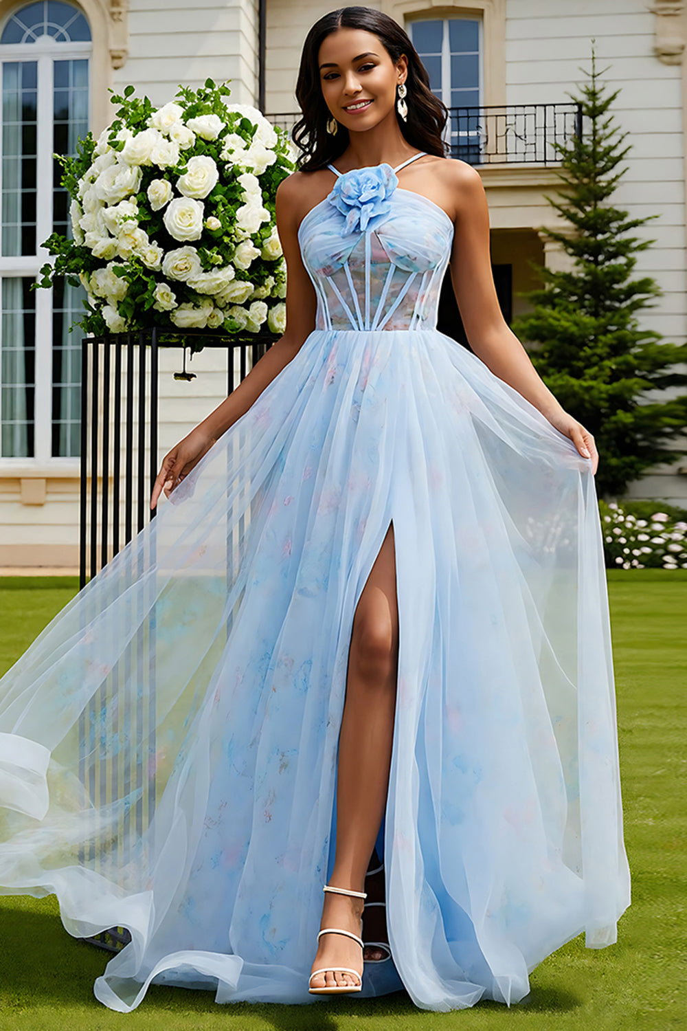 WEDTREND Women Light Blue Floral Long Prom Dress with Slit A Line Corset Spaghetti Straps Party Dress with 3D Flowers, Light Blue / US26W