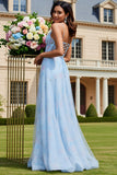 Light Blue Floral A Line Corset Long Prom Dress with Slit