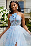 Light Blue Floral A Line Corset Long Prom Dress with Slit
