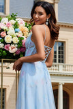 Light Blue Floral A Line Corset Long Prom Dress with Slit