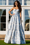 Sweetheart Light Blue A Line Printed Long Prom Dress