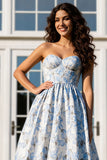 Sweetheart Light Blue A Line Printed Long Prom Dress
