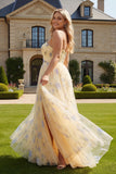 Yellow Floral Plus Size A Line One Shoulder Long Prom Dress with Slit