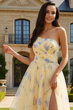 One Shoulder A Line Yellow Floral Long Prom Dress with Slit