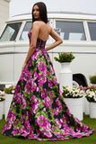 Strapless Black Fuchsia Flower A Line Long Prom Dress