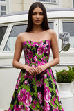 Strapless Black Fuchsia Flower A Line Long Prom Dress