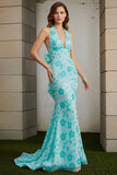 Halter Green Mermaid Floral Long Prom Dress with Bow
