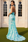 Halter Green Mermaid Floral Long Prom Dress with Bow
