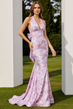 Floral Lilac Mermaid Printed Halter Long Prom Dress with Bow