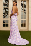 Floral Lilac Mermaid Printed Halter Long Prom Dress with Bow