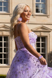 Lilac Plus Size Printed A Line Spaghetti Straps Long Prom Dress with 3D Flowers