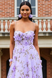 Lilac A Line Printed Spaghetti Straps Long Prom Dress with 3D Flowers